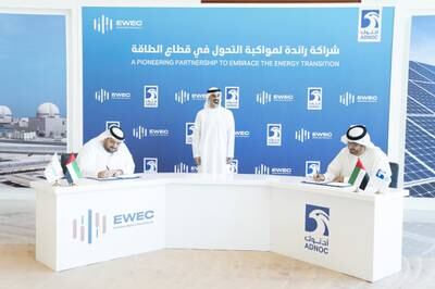 Khaled bin Mohamed bin Zayed has launched a landmark clean energy partnership between Adnoc and EWEC that will see EWEC supply Adnoc’s grid power from nuclear and solar energy sources from January 2022. Photo: Abu Dhabi Government Media Office