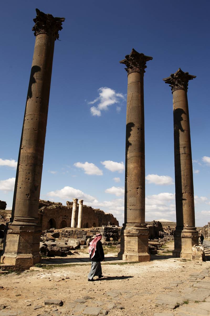 Ruins of a Corinthian colonnaded nymphaeum at Bosra, site of an ancient complex in southern Syria.