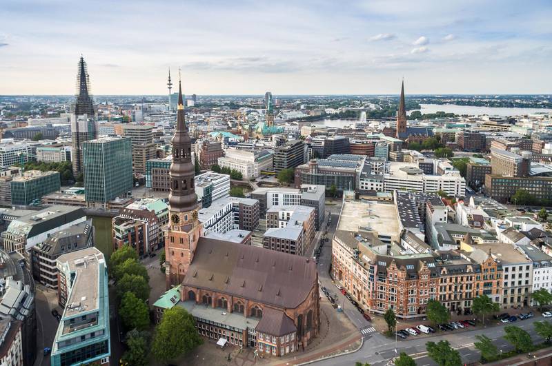 Aerial view of Hamburg with Speicherstadt and Hafencity. Getty Images