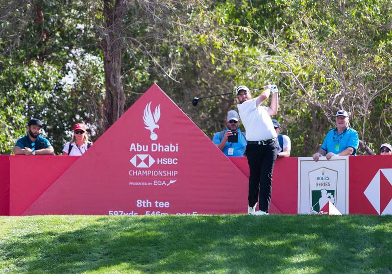 epa07293268 Shane Lowry of Ireland tees off on the 8th hole, during the second round of the Abu Dhabi HSBC Golf Championship in Abu Dhabi, United Arab Emirates, 17 January 2019.  EPA/NEVILLE HOPWOOD