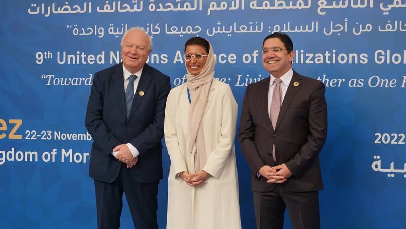 Noura Al Kaabi, UAE Minister of Culture and Youth, with Miguel Angel Moratinos, High Representative for the Alliance of Civilisations, left, and Morocco's Foreign Minister Nasser Bourita at the UN forum in Fez, Morocco. Photo: Ministry of Culture & Youth