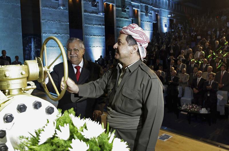 Former Kurdish president Massoud Barzani, right, and former Iraqi president Jalal Talabani at a ceremony to celebrate the start of oil exports from the autonomous Kurdish region in 2009. Since then, the Kurdish authorities and Baghdad have been in dispute. Photo: AP