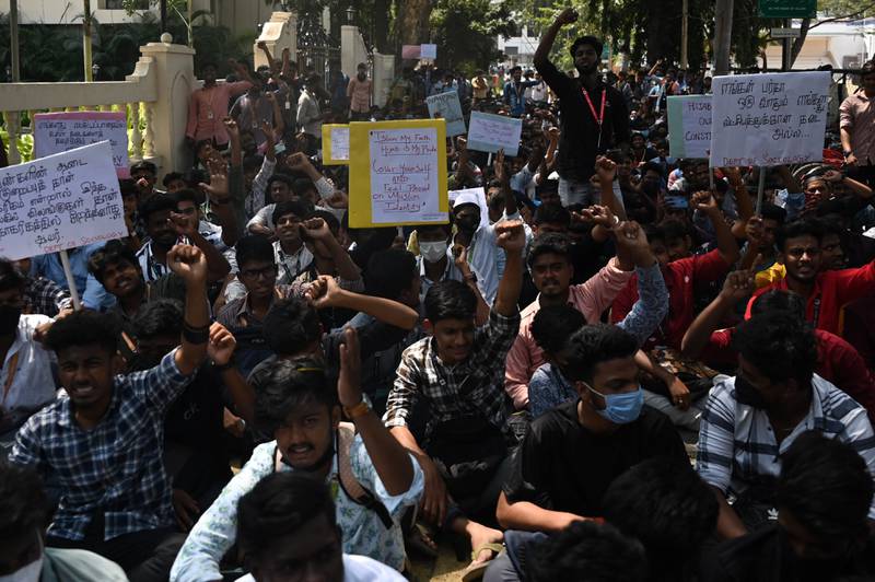 Students demonstrate in Chennai against Karnataka's high court decision to uphold a local ban on the hijab in classrooms. AFP