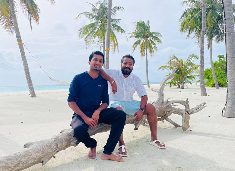 Greyar Dsouza (left) with his cousin Emmanuel Dsouza in Male, Maldives where they spent two-week quarantine after a flight from India before flying to Dubai. Despite the picture-postcard background of an Indian Ocean island resort, they were anxious about finally reaching the UAE amid a flight ban on passengers from India. Courtesy: Greyar Dsouza