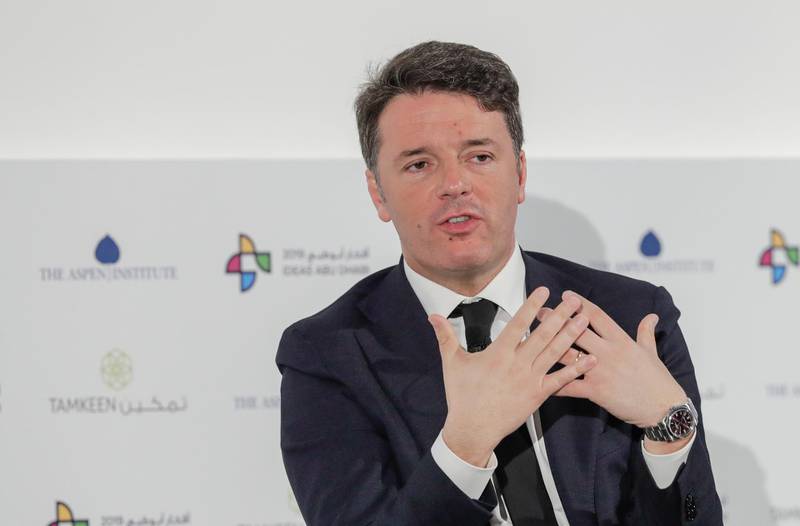 Abu Dhabi, United Arab Emirates, March 27, 2019.  --- IDEAS Abu Dhabi Forum.-- Sen. Matteo Renzi, Former Prime Minister of Italy with Mina Al-Oraibi,   Editor in Chief of The National.Victor Besa/The NationalSection:  NAReporter:  Dan Sanderson