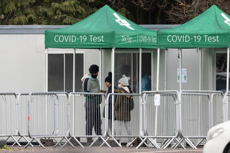 A mobile Covid-19 testing centre run by Randox is set upon the grounds of the Radisson Blu hotel near Heathrow airport. Getty Images
