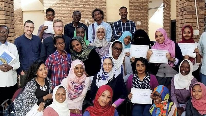 The author with her creative writing class at the private Ahfad University for Women in Omdurman, Sudan. Courtesy Leila Aboulela