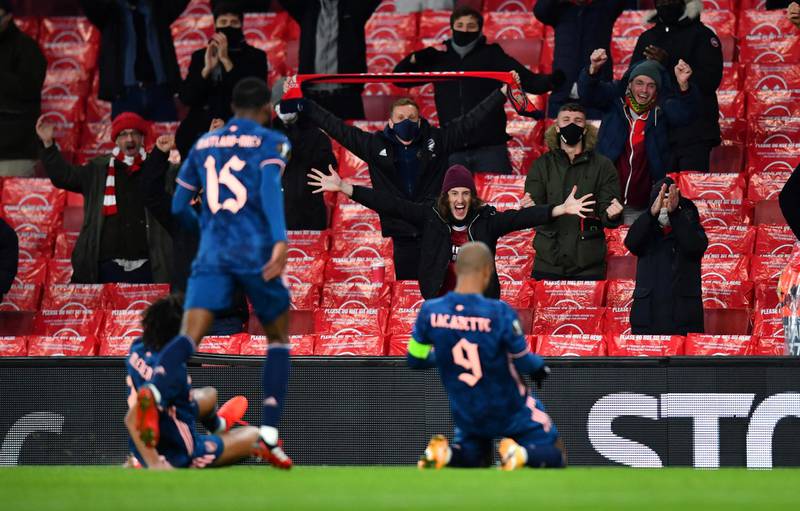 Arsenal's Alexandre Lacazette celebrates scoring their first goal in front of fans at the Emirates Stadium during their 4-1 Europa League win over Rapid Vienna. Reuters