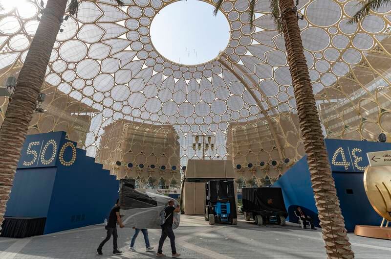 Final preparations are under way in Al Wasl Plaza before the Expo 2020 Dubai opening ceremony on Thursday. Chris Whiteoak / The National