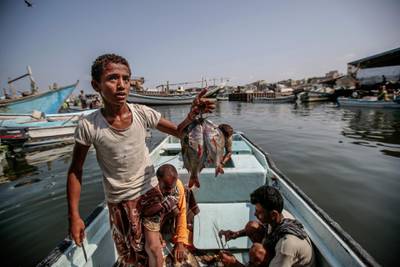 In this Sept. 29, 2018, photo, a boy holds the catch of the day on a boat at the main fishing port, in Hodeida, Yemen. Hani Mohammed / AP Photo
