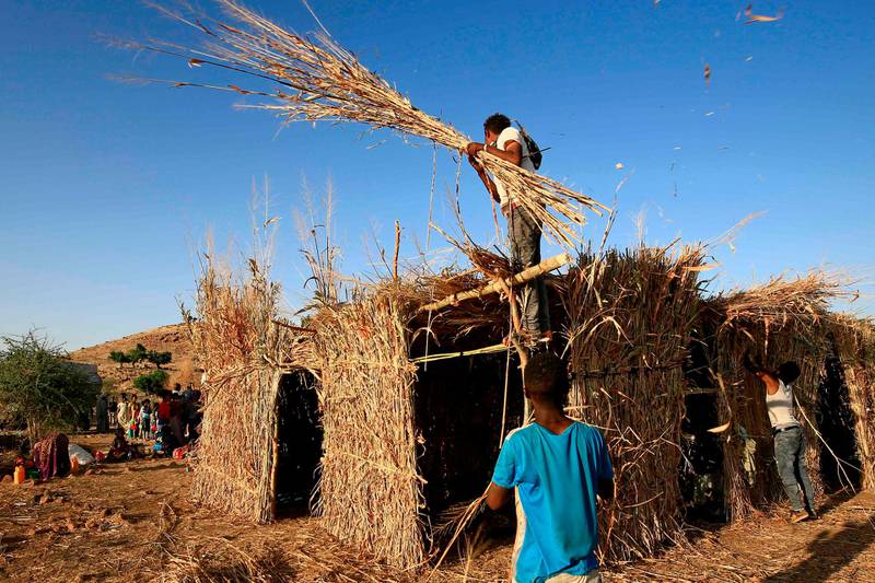Ethiopian refugees who fled fighting in Tigray province build a reed hut at the Um Rakuba camp in Sudan's eastern Gedaref province. AFP