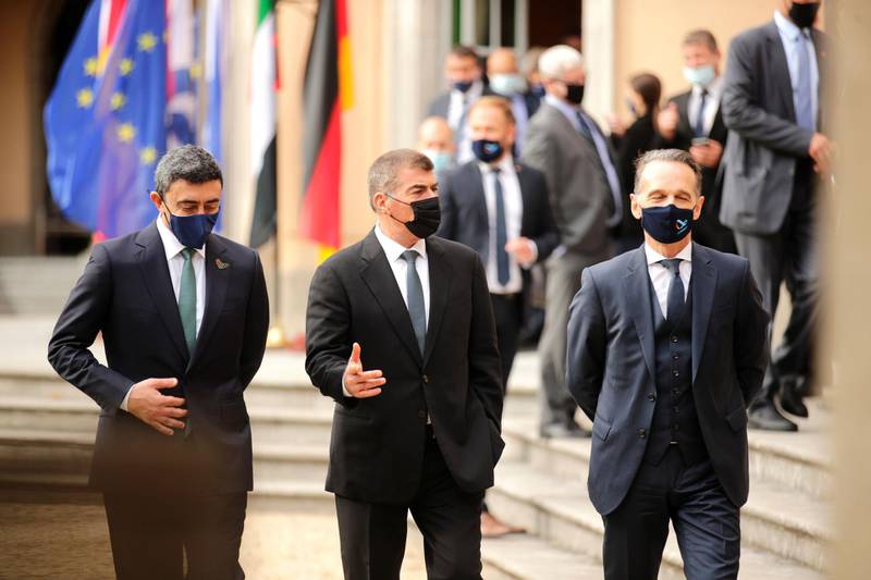 UAE Foreign Minister Sheikh Abdullah bin Zayed, left, his Israeli counterpart Gabi Ashkenazi, centre, and German Foreign Minister Heiko Maas before their historic meeting at Villa Borsig in Berlin, Germany.  AFP