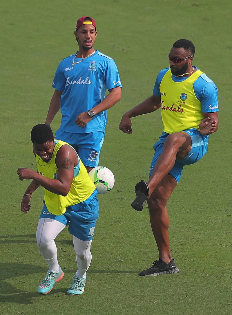 West Indies captain Kieron Pollard in playful mood during training in Hyderabad on Wednesday. AP