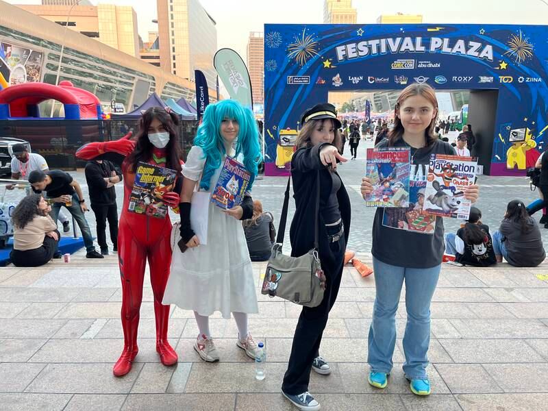 From left, Shamsa Salem, Sara Hammond, Clara Bourjeily and Celine Sunagatullina at their second Middle East Film and Comic Con. Evelyn Lau / The National 