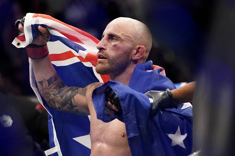Alexander Volkanovski reacts after defeating Brian Ortega to retain his UFC featherweight title at UFC 266, Saturday, September  25, 2021, in Las Vegas. AP Photo