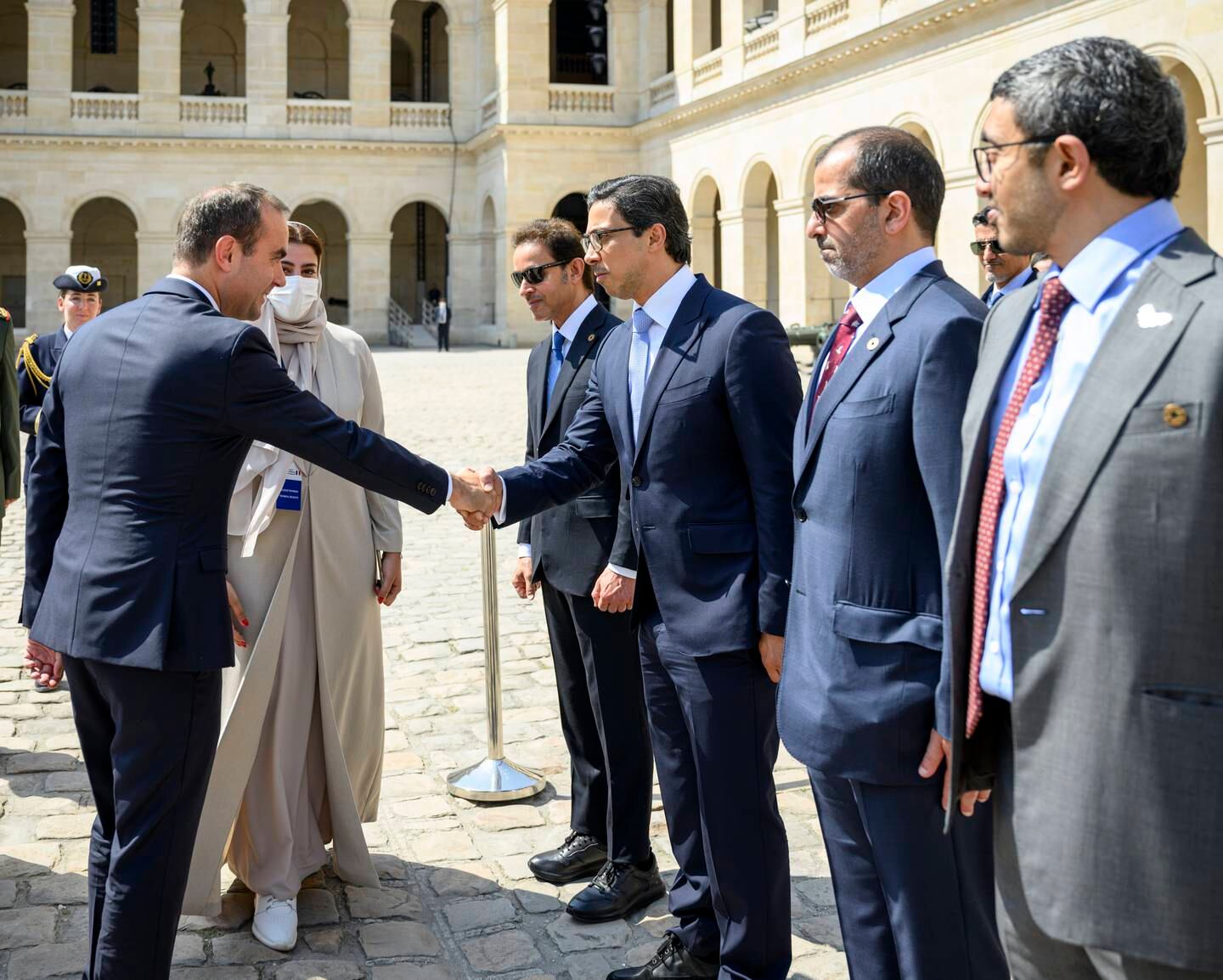 Sheikh Mansour bin Zayed greets Sebastien Lecornu, France's Minister of Armed Forces at the Military Museum, seen here with Sheikh Hazza bin Zayed, Sheikh Hamed bin Zayed and Sheikh Abdullah bin Zayed. Photo: Hamad Al Kaabi / Presidential Court