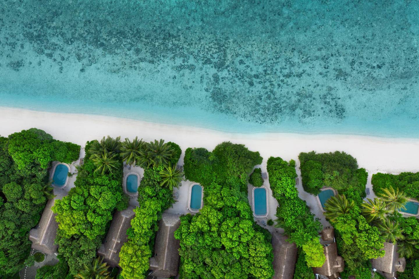 An aerial view of Soneva Fushi, which is one of the Maldives's oldest and most luxurious resorts