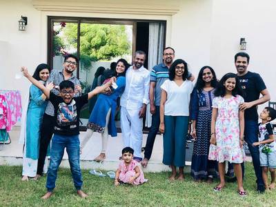 Aruna Subin, fourth left, celebrates with family and friends at her home in Mira. Photo: Aruna Subin