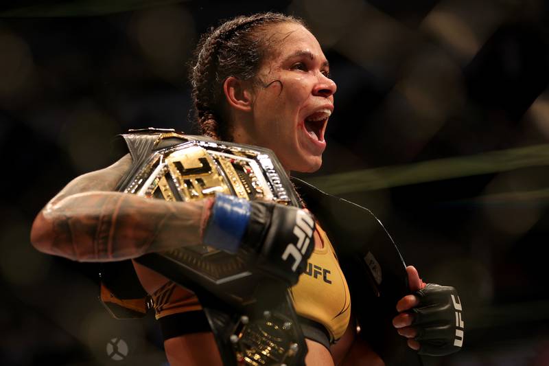 Amanda Nunes celebrates after defeating Julianna Pena at UFC 277. Getty
