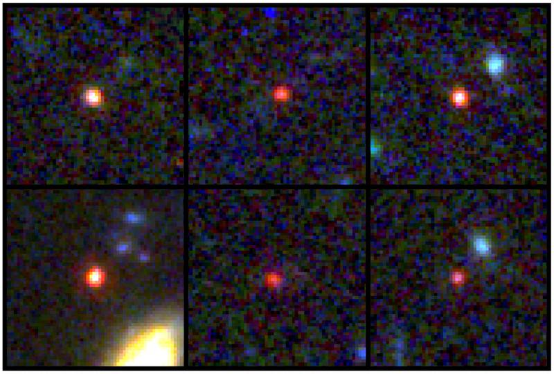 Images of six candidate massive galaxies, seen 540 million to 770 million years after the Big Bang, based on observations by NASA's James Webb Space Telescope. Swinburne University of Technology/Reuters