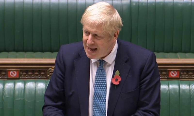 A video grab from footage broadcast by the UK Parliament's Parliamentary Recording Unit (PRU) shows Britain's Prime Minister Boris Johnson speaking in the House of Commons in London on November 2, 2020 on new coronavirus lockdown measures. Prime Minister Boris Johnson on October 31 announced a new four-week coronavirus lockdown across England, a dramatic shift in strategy following warnings hospitals would become overwhelmed within weeks under his current system of localised restrictions. - RESTRICTED TO EDITORIAL USE - MANDATORY CREDIT " AFP PHOTO / PRU " - NO USE FOR ENTERTAINMENT, SATIRICAL, MARKETING OR ADVERTISING CAMPAIGNS
 / AFP / PRU / - / RESTRICTED TO EDITORIAL USE - MANDATORY CREDIT " AFP PHOTO / PRU " - NO USE FOR ENTERTAINMENT, SATIRICAL, MARKETING OR ADVERTISING CAMPAIGNS

