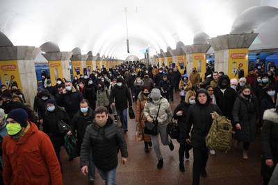 A metro station in Kyiv in February 2022, crowded with people trying to escape the invasion. AFP
