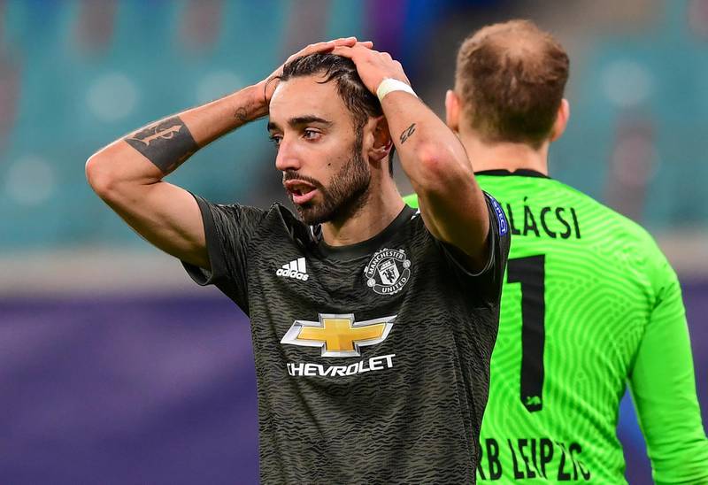 Manchester United's Bruno Fernandes during the Champions League defeat at RB Leipzig. EPA