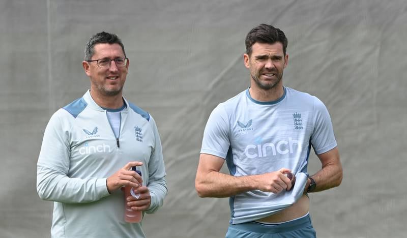 England seamer James Anderson with bowling coach Jon Lewis. Getty