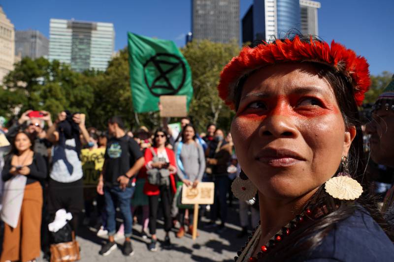 Amazon Indigenous people take part in a Global Climate Strike to demand action against global warming, on the sidelines of the 77th session of the United Nations General Assembly in New York City. Reuters