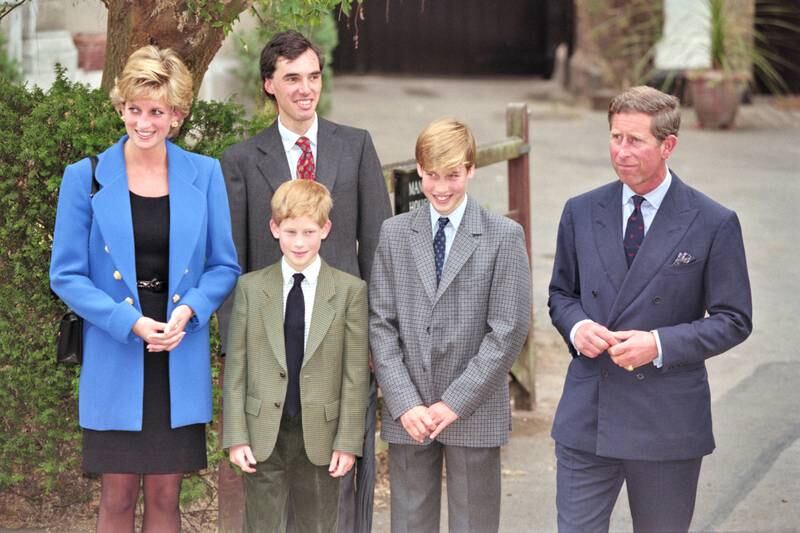 Princess Diana, Prince Harry, Prince William and Prince Charles outside Manor House on Prince William's first day at Eton College, in 1995.