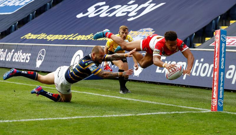 St Helens' Regan Grace scores their fifth try during their 48-0 win against Leeds Rhinos in the Super League clash at the Emerald Headingley Stadium in Leeds, on Sunday, August 9. Reuters