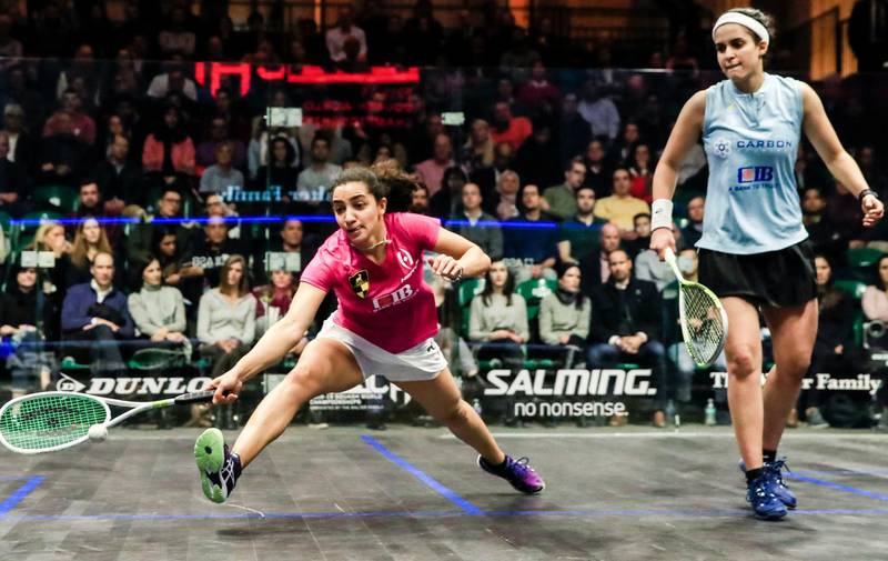 Mandatory Credit: Photo by TANNEN MAURY/EPA-EFE/Shutterstock (10128536c)Raneem El Welily of Egypt (L) in action against Nour El Tayeb of Egypt (R) during their semi final match at the 2018-2019 PSA World Championship squash tournament at Union Station in Chicago, Illinois, USA, 01 March 2019.2018-2019 PSA World Championships in Chicago, USA - 01 Mar 2019