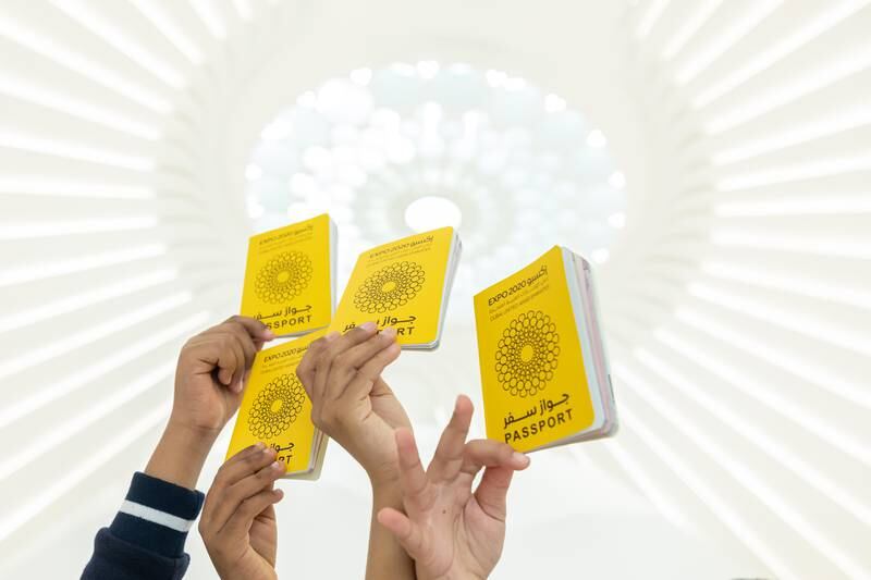A school group inside the UAE pavilion holding Expo passports. Photo: Expo 2020 Dubai