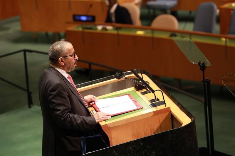 Khalifa Shaheen Al Marar, Minister of State, delivers a speech before the 76th session United Nations General Assembly. Photo: UAE Mission to the UN