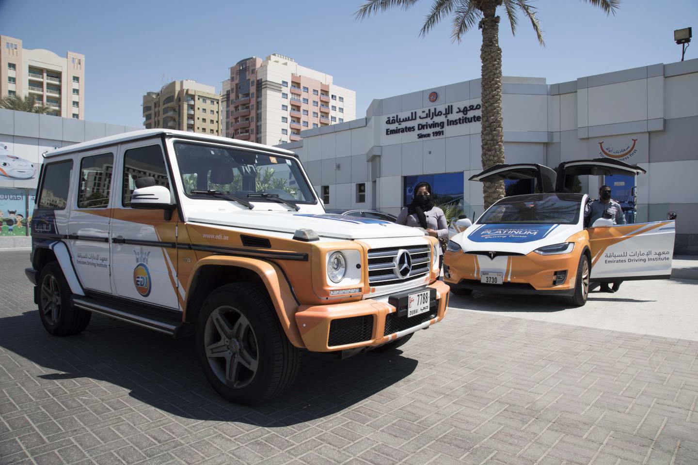 Dubai, United Arab Emirates - A Mercedes and Tesla at the Emirates Driving Institute, Dubai. Leslie Pableo for The National