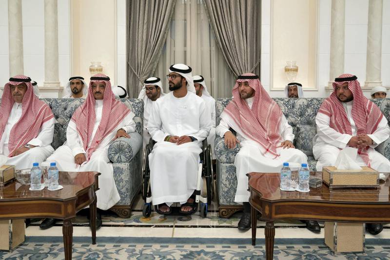 ABU DHABI, UNITED ARAB EMIRATES - November 20, 2019: HH Sheikh Zayed bin Hamdan bin Zayed Al Nahyan (3rd R) receives mourners who are offering condolences on the passing of the late HH Sheikh Sultan bin Zayed Al Nahyan, at Al Mushrif Palace. 

( Eissa Al Hammadi for the Ministry of Presidential Affairs )
---