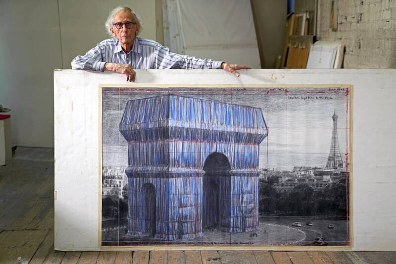 The late artist Christo in his studio in 2019 with a preparatory drawing for 'L'Arc de Triomphe, Wrapped'. Photo: Estate of Christo V Javacheff