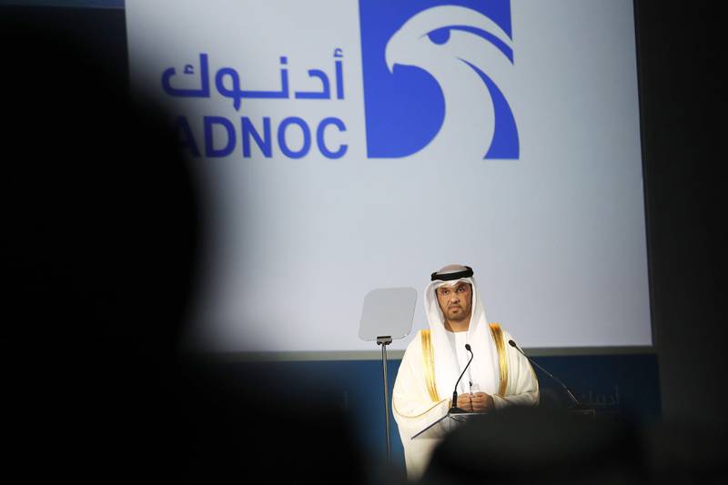 UAE Minister of State and ADNOC Group CEO, Sultan Ahmed al-Jaber, speaks during the Abu Dhabi International Petroleum Exhibion and Conference (ADIPEC) on November 13, 2017, at the Abu Dhabi National Exhibition Centre. / AFP PHOTO / KARIM SAHIB