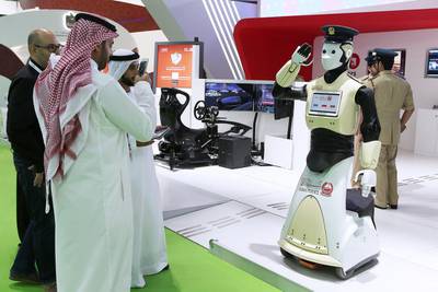 A Dubai Police robot at the 2016 Gitex show. International business events resumed on October 1 in Dubai, with events such as Gitex Technology week going ahead in December despite Covid. Pawan Singh / The National