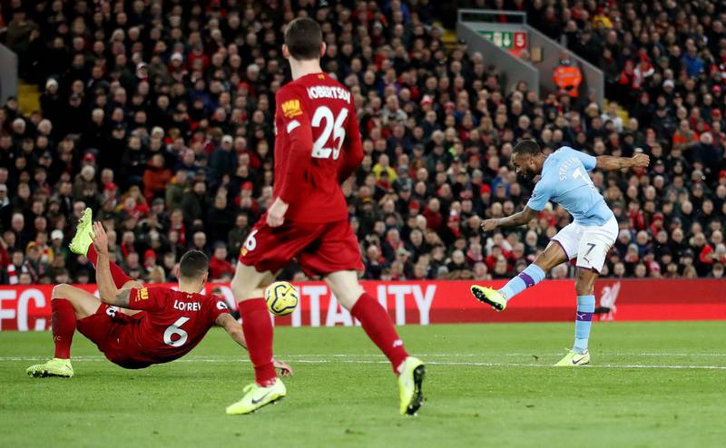 Manchester City's Raheem Sterling takes his shoot as Liverpool's Dejan Lovren attempts to block him. Reuters