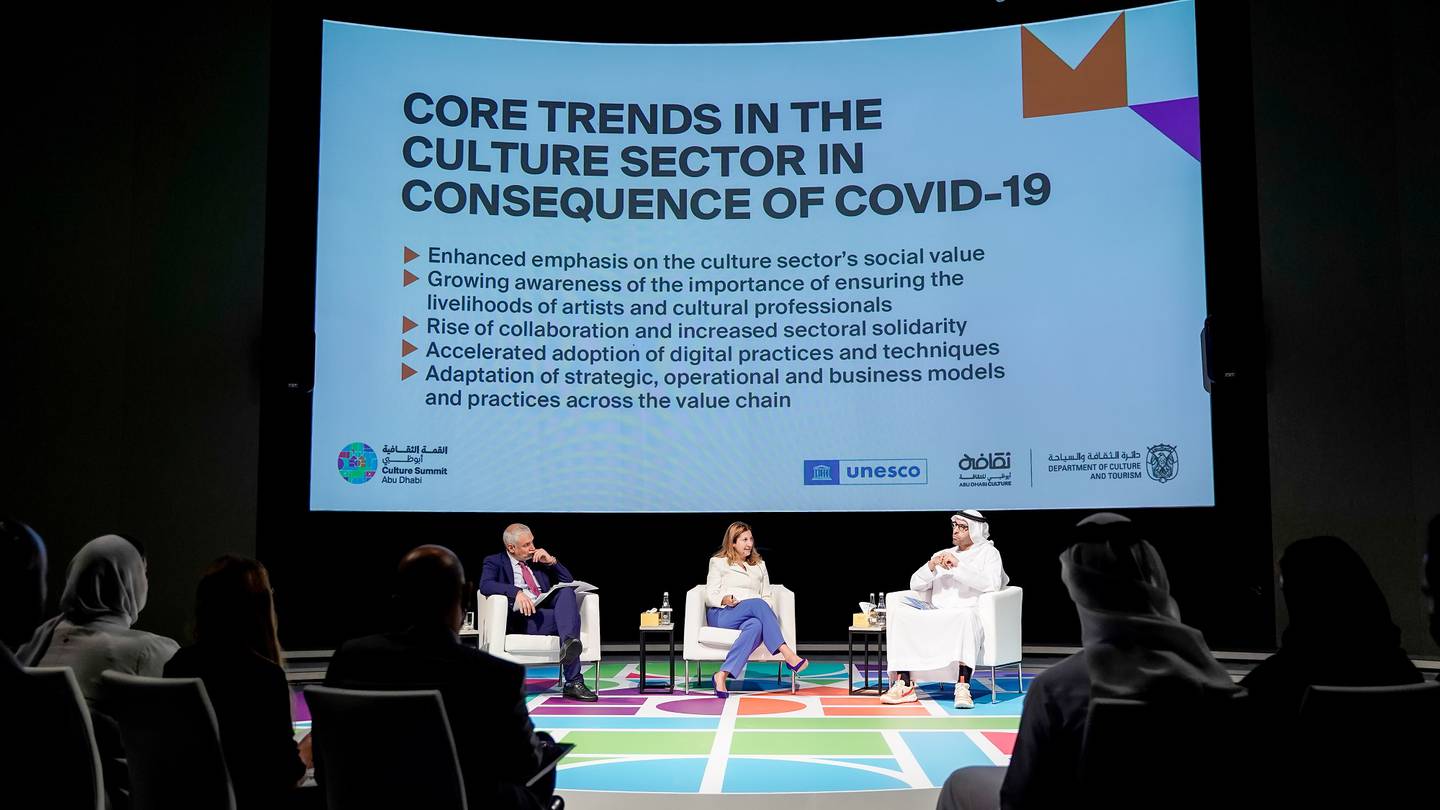 Unesco assistant director general for culture Ernesto Ottone, left, and DCT Abu Dhabi chairman Mohamed Khalifa Al Mubarak at the launch of the 'Culture in Times of Covid 19: Resilience, Recovery and Revival' report in Abu Dhabi. Chris Whiteoak / The National