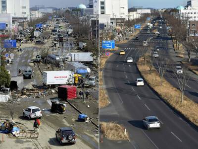 Left, a road is littered with vehicles in Tagajo, Miyagi Prefecture, after a devastating tsunami in 2011; right, the same area 10 years later. AFP