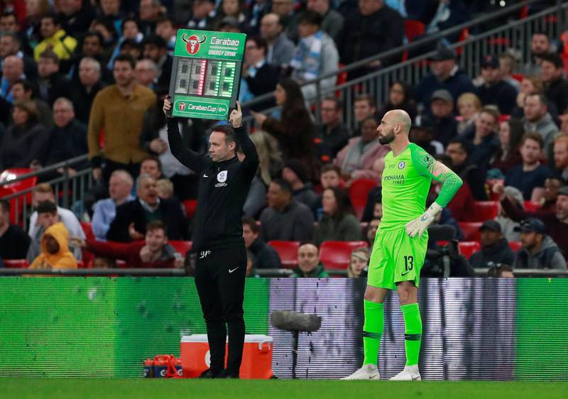 Soccer Football - Carabao Cup Final - Manchester City v Chelsea - Wembley Stadium, London, Britain - February 24, 2019  Chelsea's Willy Caballero waits to be substituted on  Action Images via Reuters/Andrew Couldridge  EDITORIAL USE ONLY. No use with unauthorized audio, video, data, fixture lists, club/league logos or "live" services. Online in-match use limited to 75 images, no video emulation. No use in betting, games or single club/league/player publications.  Please contact your account representative for further details.