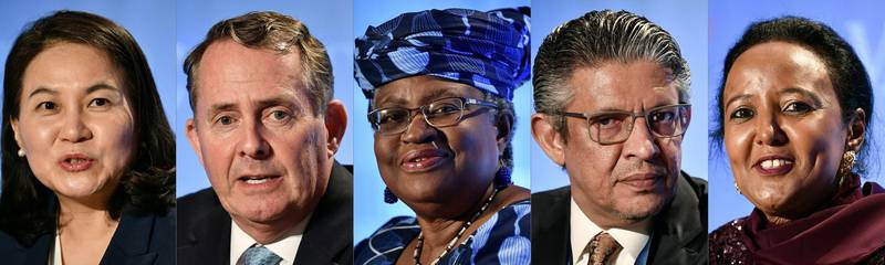 (COMBO) This combination of pictures created on September 18, 2020 shows the five candidates still in the running to take the helm of the World Trade Organization during press conferences between July 15 and 17, 2020 in Geneva, (From L) South Korean Yoo Myung-hee, Britain's Liam Fox, Nigerian Ngozi Okonjo-Iweala, Saudi Mohammed al-Tuwaijri, and Kenya's Amina Mohamed.  / AFP / Fabrice COFFRINI

