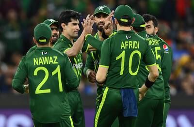 Naseem Shah of Pakistan is congratulated by teammates after getting the wicket of KL Rahul at the Melbourne Cricket Ground. Getty