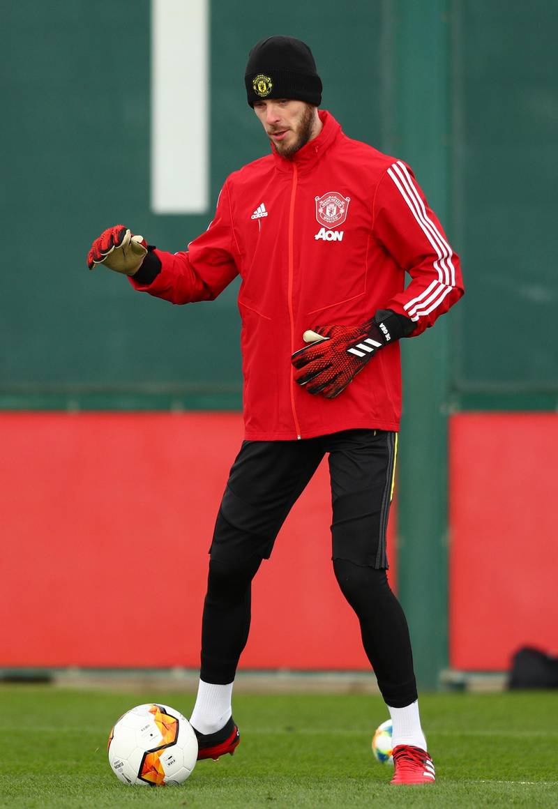 David De Gea of Manchester United passes the ball during a training session at the Aon Training Complex. Getty Images