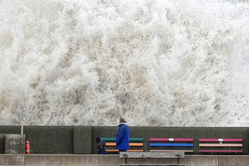 Waves hit the sea wall in Liverpool, England. A red alert has been declared for Storm Eunice, which is arriving in the early hours of Friday in the wake of Storm Dudley. Getty