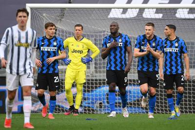 Inter's Romelu Lukaku, centre, celebrates after scoring. AFP