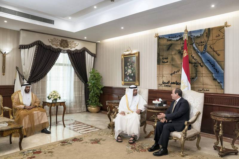 CAIRO, EGYPT - August 07, 2018: HH Sheikh Mohamed bin Zayed Al Nahyan Crown Prince of Abu Dhabi and Deputy Supreme Commander of the UAE Armed Forces (2nd R), is received by HE Abdel Fattah El Sisi, President of Egypt (R), upon arrival at Cairo international Airport, commencing an official visit. Seen with HH Sheikh Nahyan Bin Zayed Al Nahyan, Chairman of the Board of Trustees of Zayed bin Sultan Al Nahyan Charitable and Humanitarian Foundation (L).

( Mohamed Al Hammadi / Crown Prince Court - Abu Dhabi )
---