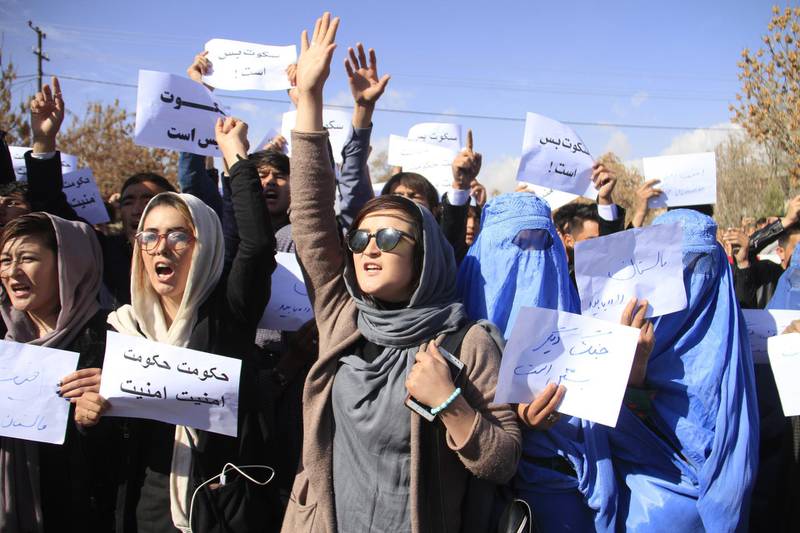 epa07160789 Hazara minority community from Malistan and Jaghuri district of restive Ghazni province, shout slogans against the deteriorating security situation in their resident districts as they arrive in Ghazni city to take refuge, in Ghazni, Afghanistan, 12 November 2018.  Hundreds of family fled Malistan And Jaghuri district after Taliban militants attacked the district killing 43 Afghan soldiers, 15 civilians while 113 Taliban militants were also killed. Meanwhile in capital Kabul, hundreds of people, most of them members of the persecuted Shia minority Hazara, were demanding more security in the Hazara-dominated central and eastern districts of Afghanistan.  EPA/SAYED MUSTAFA